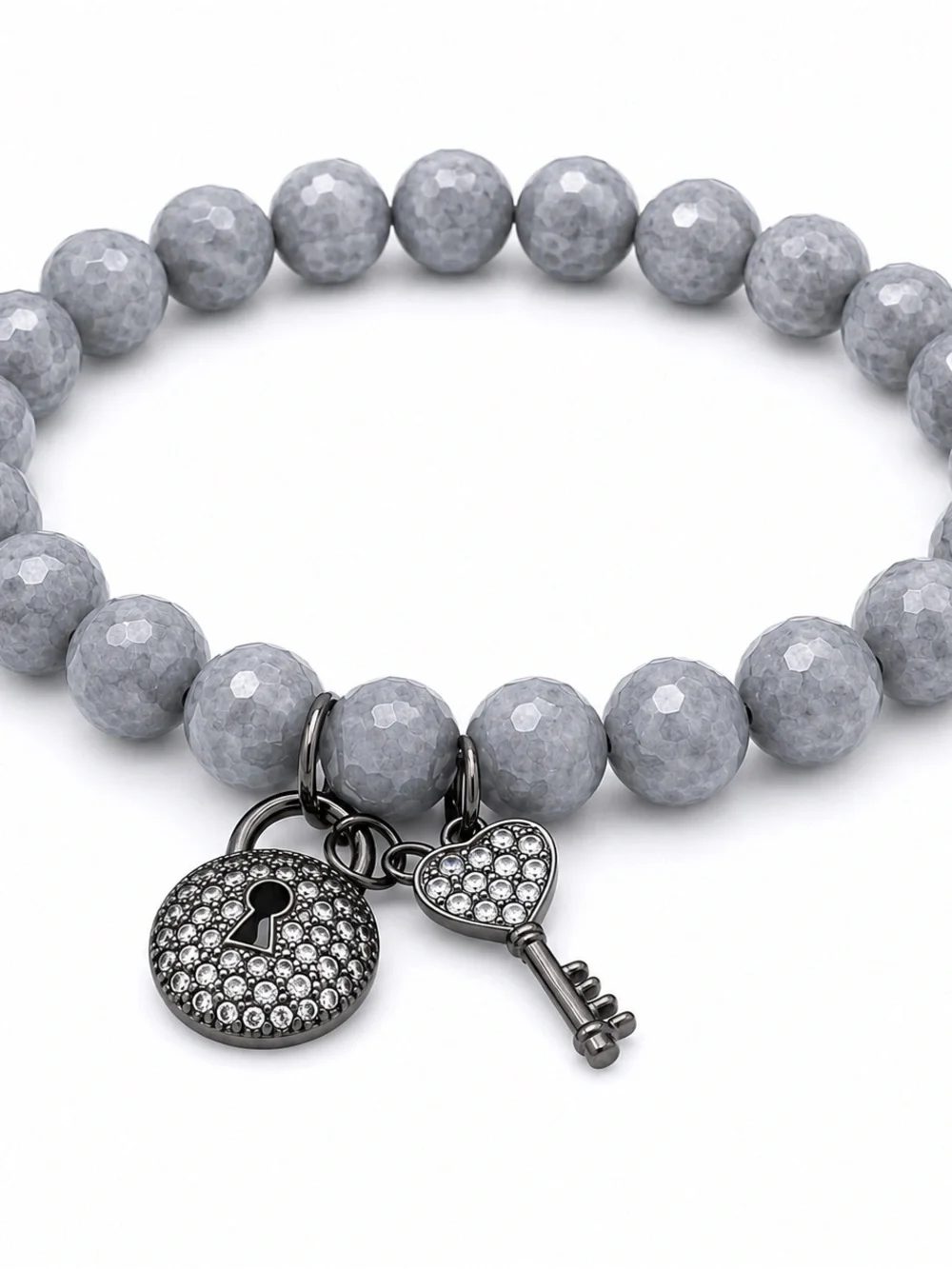 Gray Agate Key & Lock Charm Bracelet | Pave Crystal Charms | Stretch Beaded